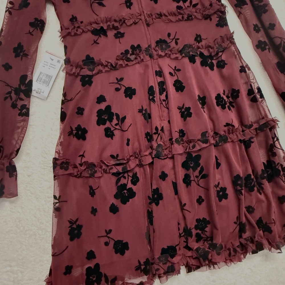 NWT Women Juniors Burgundy Floral Chiffon Dress Romantic Dreamy Sheer Size 7/8 - Picture 9 of 14